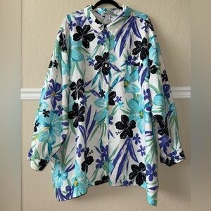 100% Linen Floral Button Down Collared Long Sleeve Shirt Flowers Plus Size 34/36